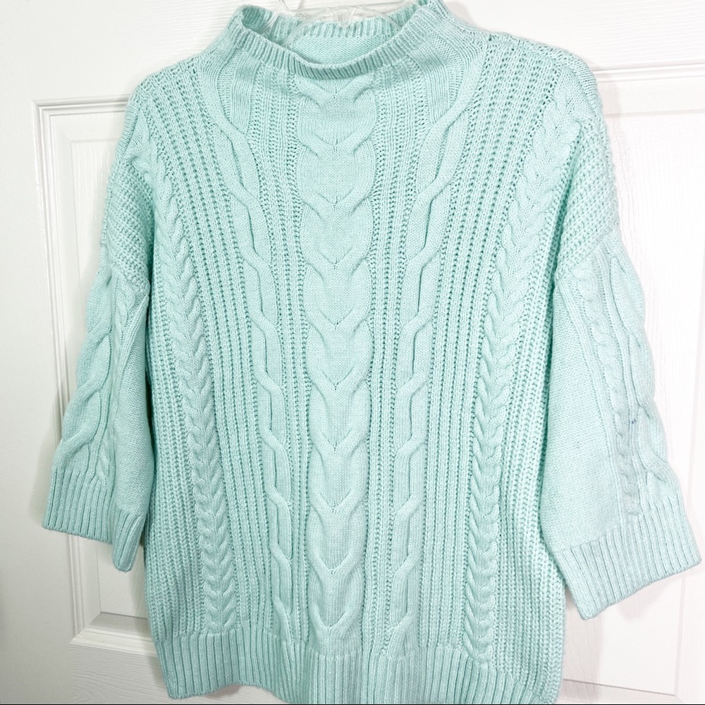 Vince Camuto Mock Neck Cable Knit 3/4 Sleeve Sweater in Sea Mist Size M - Picture 2 of 7